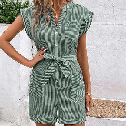 Norene Romper | Short Sleeve Fine Stripe Button Front Romper