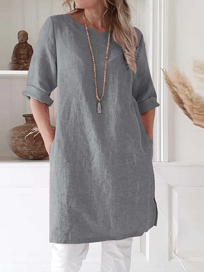 Norina Dress | Breathable Linen Relaxed Fit 3/4 Sleeve Tunic Dress