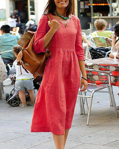 Nyra Dress | Three-Quarter Sleeve Linen Blend V-Neck Midi Dress