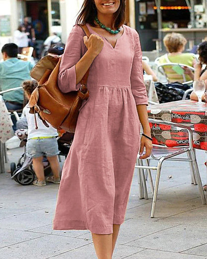 Nyra Dress | Three-Quarter Sleeve Linen Blend V-Neck Midi Dress