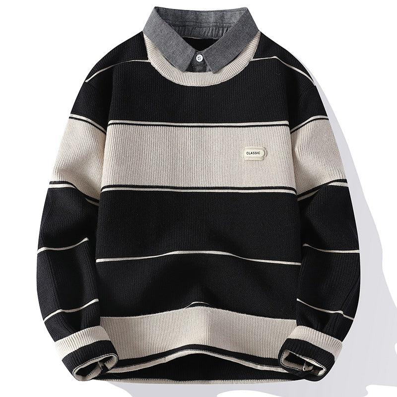 Elton Striped Collar Pullover Sweater | Ribbed Knit Relaxed Fit Sweater