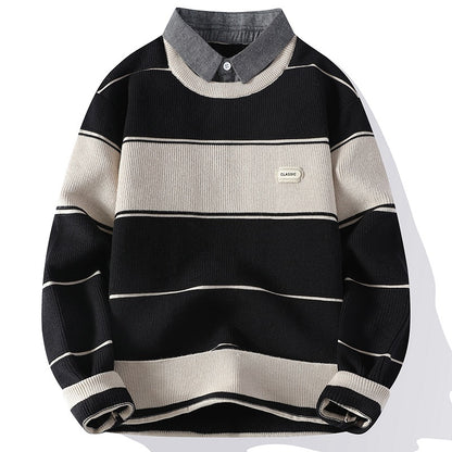 Elton Striped Collar Pullover Sweater | Ribbed Knit Relaxed Fit Sweater
