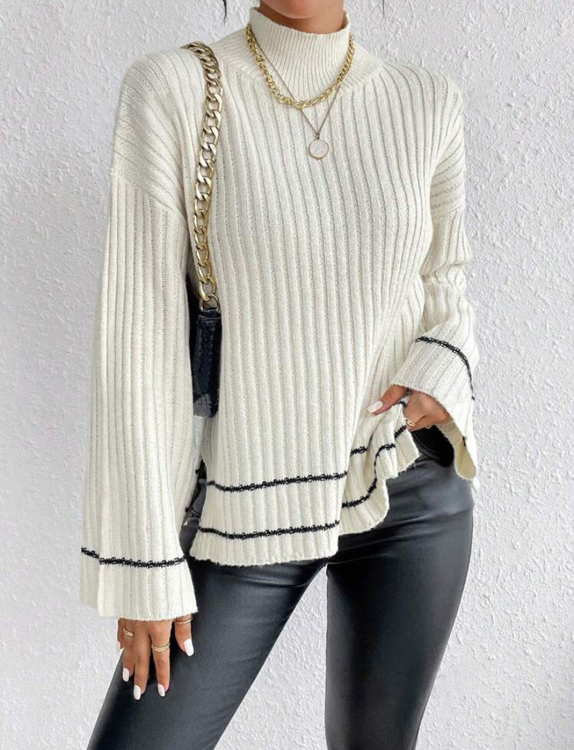 Isla Loose Fit Sweater | Ribbed Side Slits Bell Sleeve Sweater