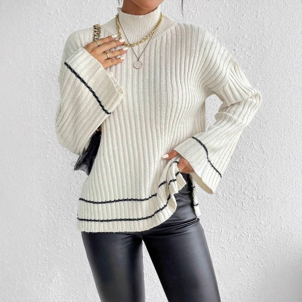 Isla Loose Fit Sweater | Ribbed Side Slits Bell Sleeve Sweater