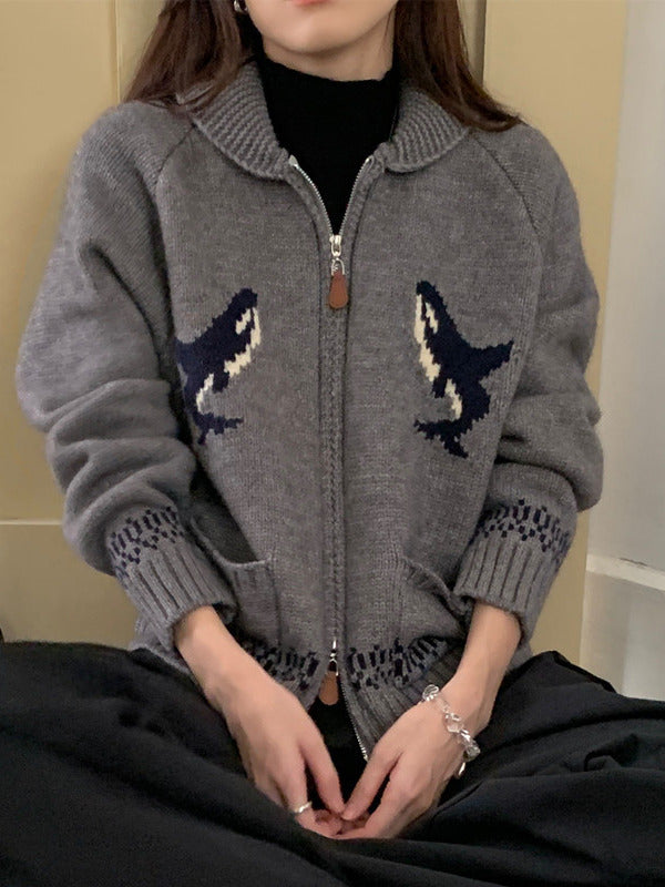 Olive Zip-Up Knit Cardigan | Dolphin Motif Relaxed Cardigan