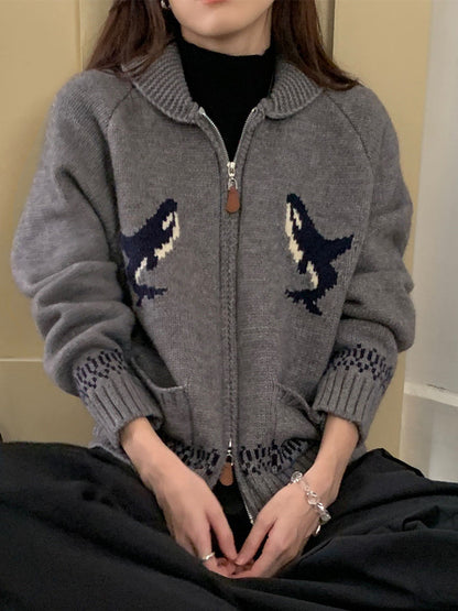 Olive Zip-Up Knit Cardigan | Dolphin Motif Relaxed Cardigan