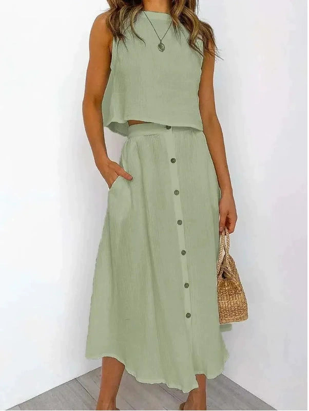 Penina Two-Piece Outfit | Sleeveless Crop Top & Button-Front Midi Skirt