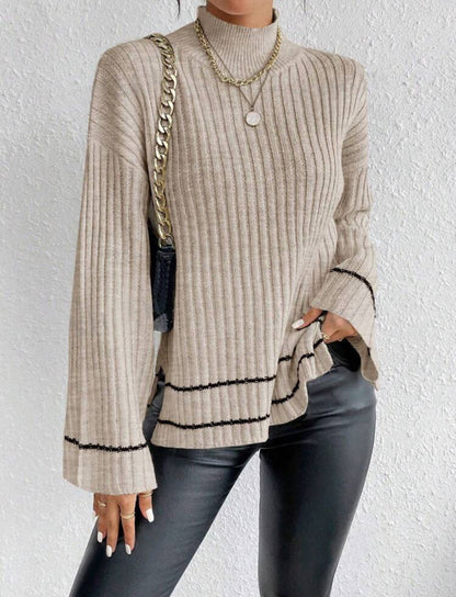 Isla Loose Fit Sweater | Ribbed Side Slits Bell Sleeve Sweater