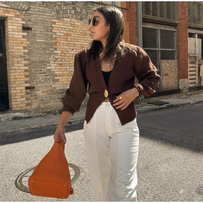 Women's Sweater - Deep V-Neck Cardigan - Gold Button - Elegant Fit