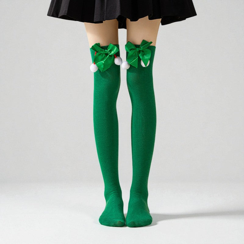 Amelia Skinny Over-The-Knee Socks | Bow Pom-Pom Over-The-Knee Socks