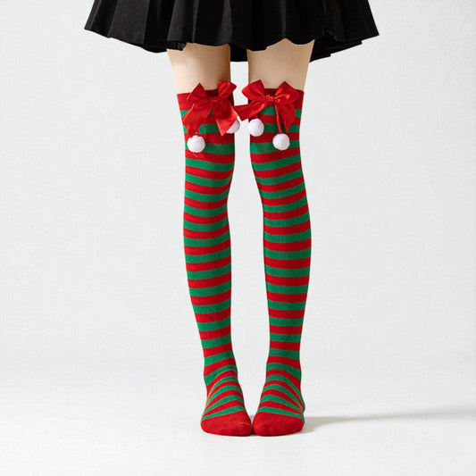 Amelia Skinny Over-The-Knee Socks | Bow Pom-Pom Over-The-Knee Socks