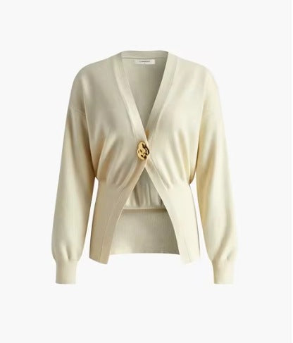 Women's Sweater - Deep V-Neck Cardigan - Gold Button - Elegant Fit