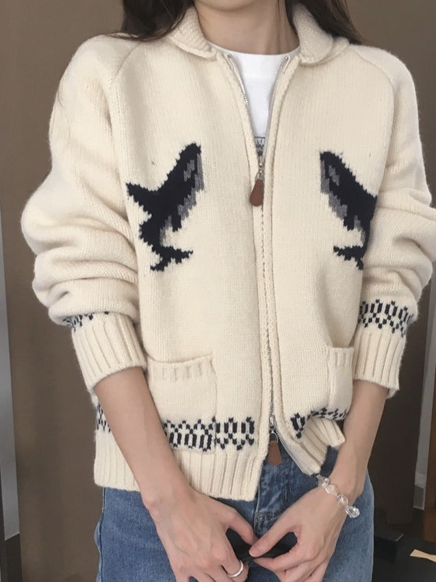 Olive Zip-Up Knit Cardigan | Dolphin Motif Relaxed Cardigan