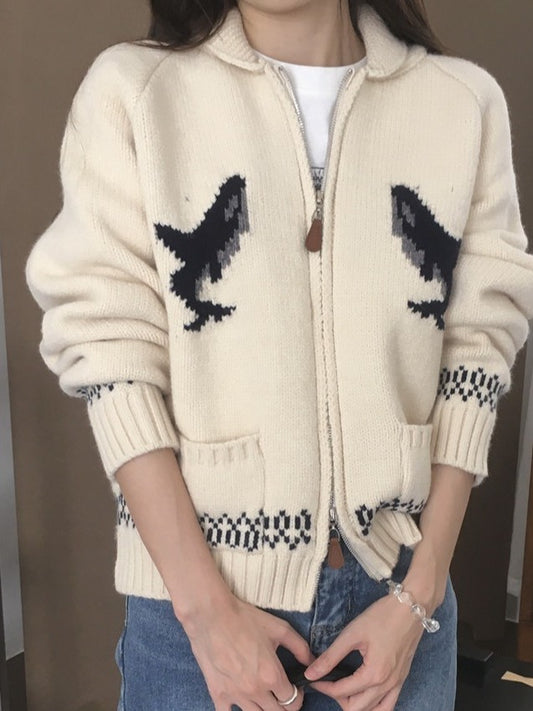 Olive Zip-Up Knit Cardigan | Dolphin Motif Relaxed Cardigan