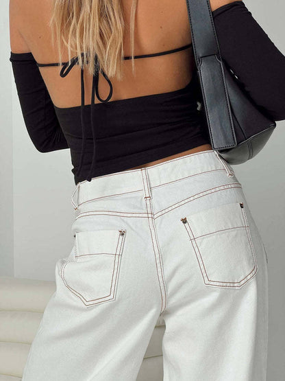 Viola Relaxed Wide-Leg Jeans | Raw Hem Five-Pocket Jeans