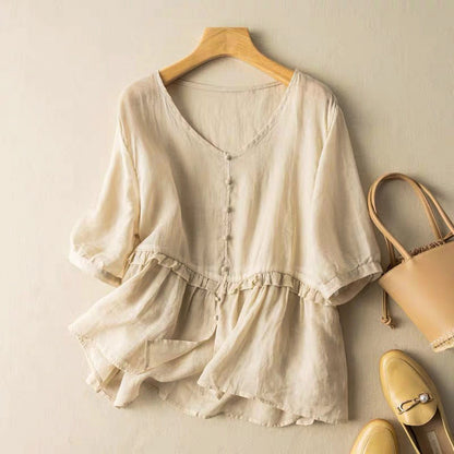 Isla Relaxed Fit Blouse | Button Front Ruffled Blouse