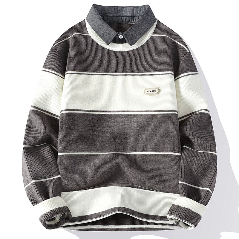Elton Striped Collar Pullover Sweater | Ribbed Knit Relaxed Fit Sweater
