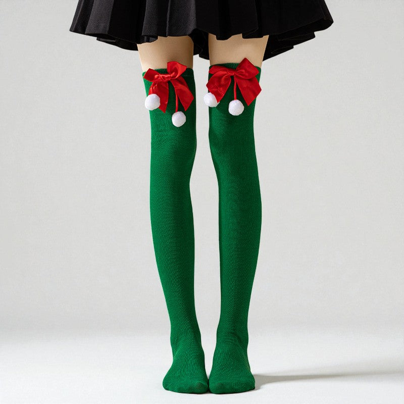 Amelia Skinny Over-The-Knee Socks | Bow Pom-Pom Over-The-Knee Socks
