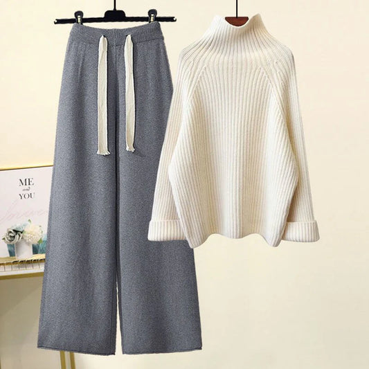 Isla Oversized Turtleneck Sweater Wide-Leg Trousers Two-Piece Set | Ribbed Knit Drawstring Waist Two-Piece Set