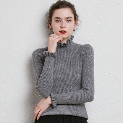 Isla Slim Fit Turtleneck Sweater | Ruffled Ribbed Sweater