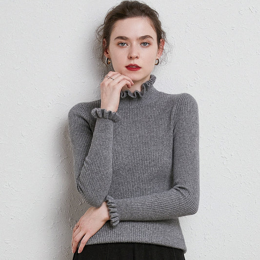 Isla Slim Fit Turtleneck Sweater | Ruffled Ribbed Sweater