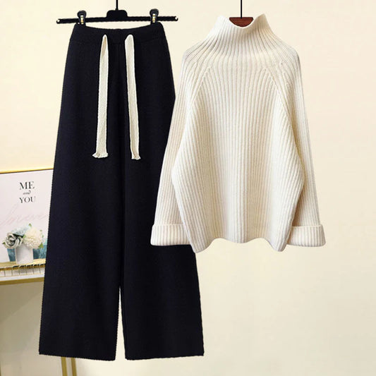 Isla Oversized Turtleneck Sweater Wide-Leg Trousers Two-Piece Set | Ribbed Knit Drawstring Waist Two-Piece Set