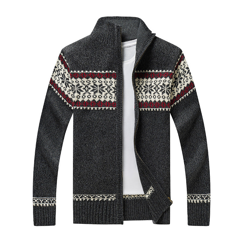 Men’s Sherpa Lined Knit Sweater – Wool Blend Zip-Up – Jacquard Design