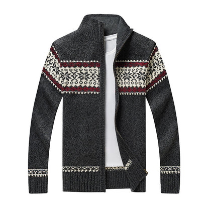 Men’s Sherpa Lined Knit Sweater – Wool Blend Zip-Up – Jacquard Design