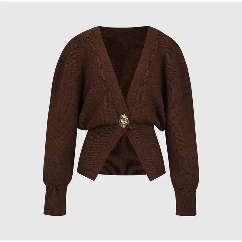 Women's Sweater - Deep V-Neck Cardigan - Gold Button - Elegant Fit