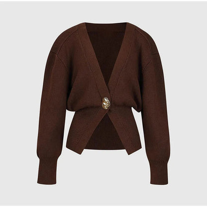 Women's Sweater - Deep V-Neck Cardigan - Gold Button - Elegant Fit