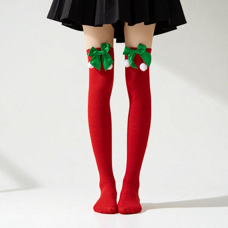Amelia Skinny Over-The-Knee Socks | Bow Pom-Pom Over-The-Knee Socks