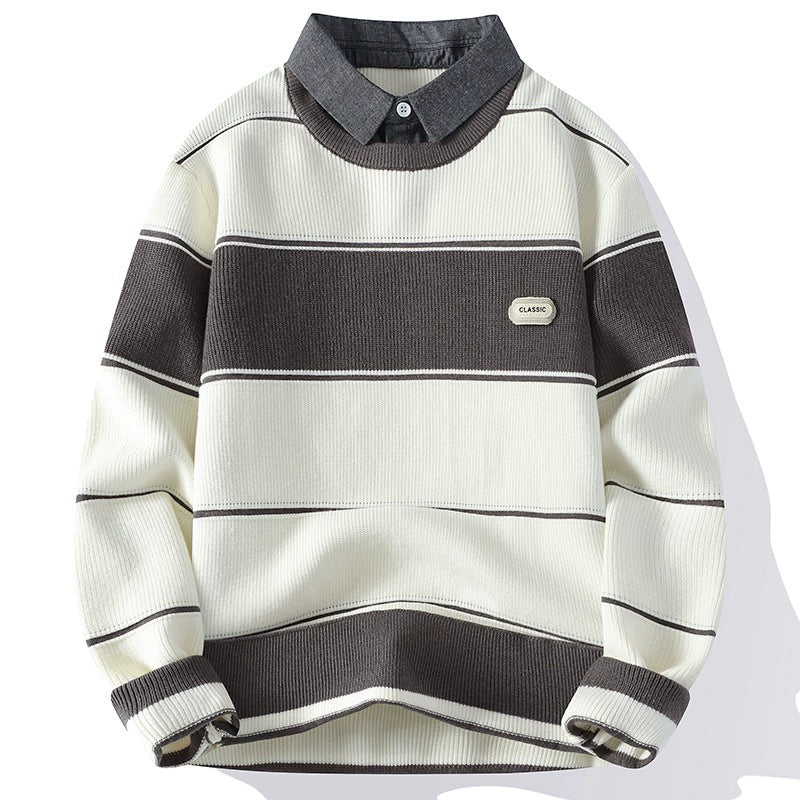 Elton Striped Collar Pullover Sweater | Ribbed Knit Relaxed Fit Sweater