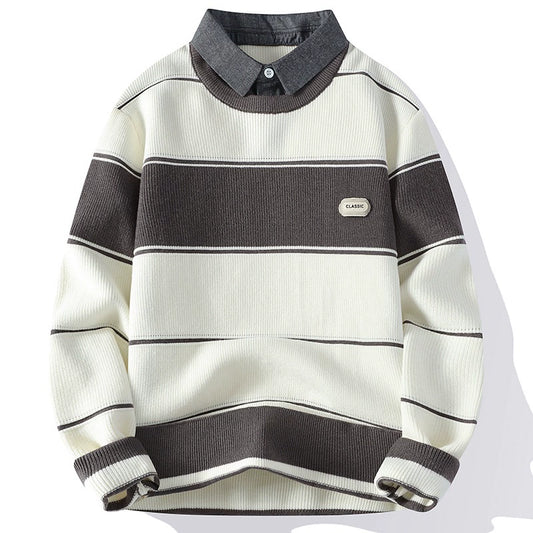 Elton Striped Collar Pullover Sweater | Ribbed Knit Relaxed Fit Sweater