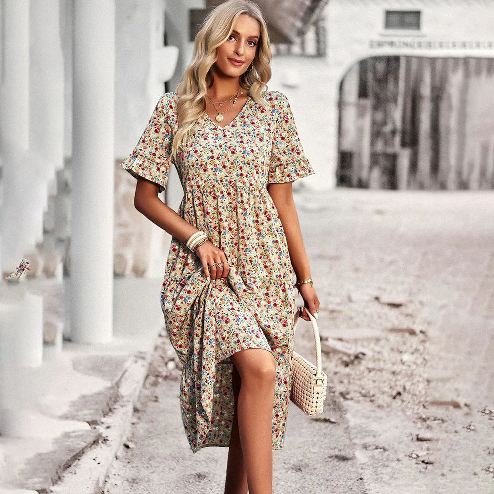 Oaklea Dress | Boho Floral Midi Dress with Ruffle Sleeves