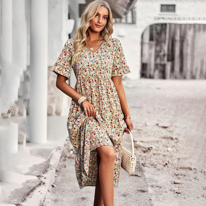 Oaklea Dress | Boho Floral Midi Dress with Ruffle Sleeves