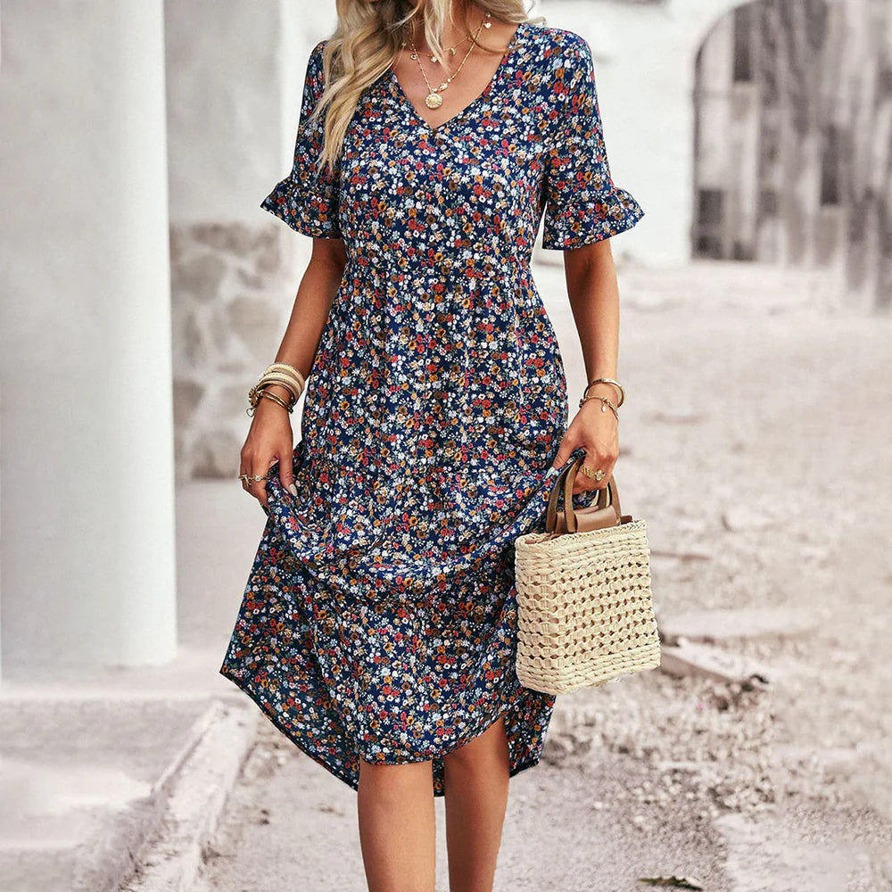 Oaklea Dress | Boho Floral Midi Dress with Ruffle Sleeves