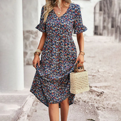Oaklea Dress | Boho Floral Midi Dress with Ruffle Sleeves