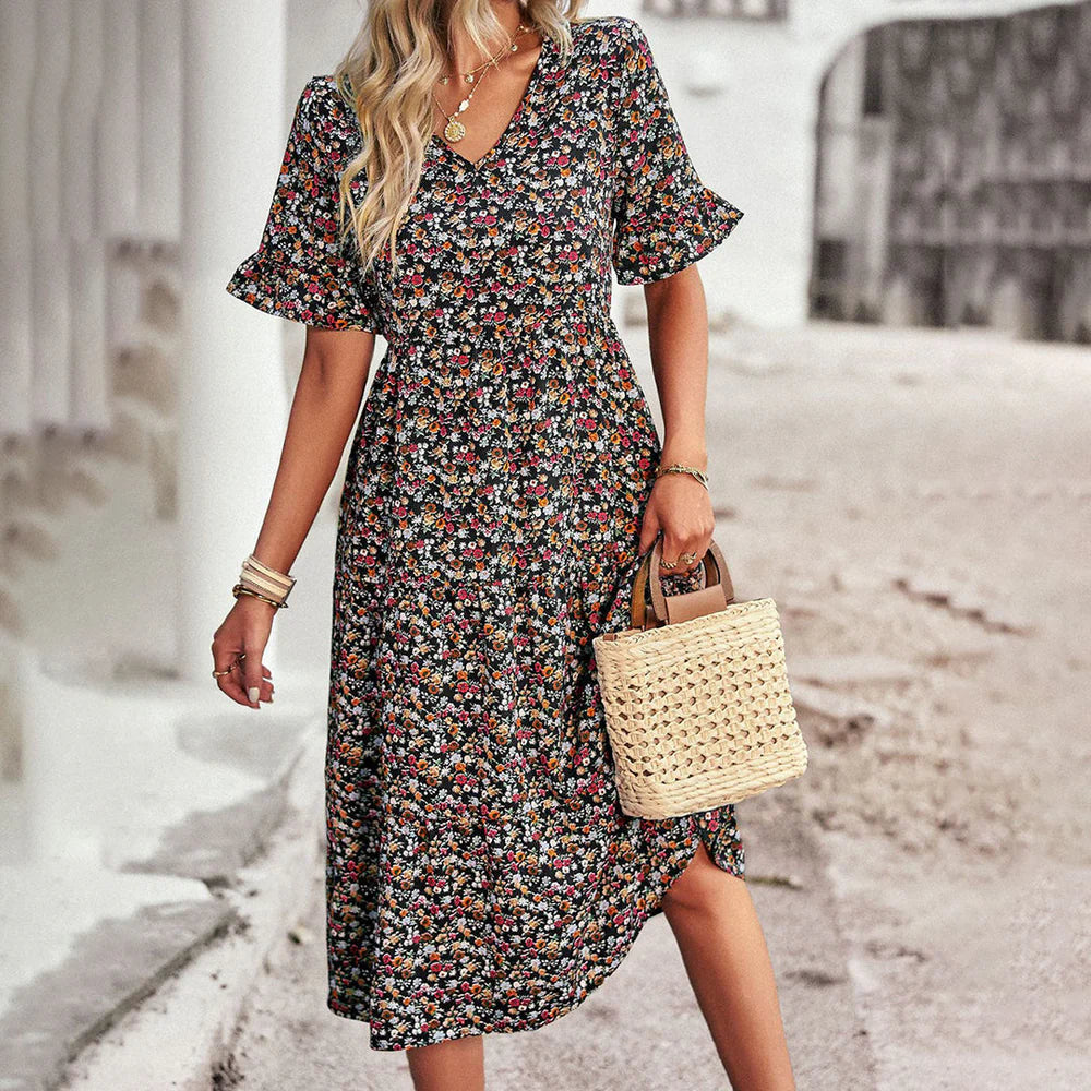 Oaklea Dress | Boho Floral Midi Dress with Ruffle Sleeves