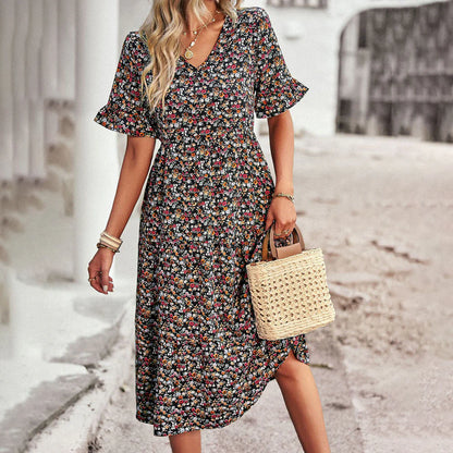 Oaklea Dress | Boho Floral Midi Dress with Ruffle Sleeves