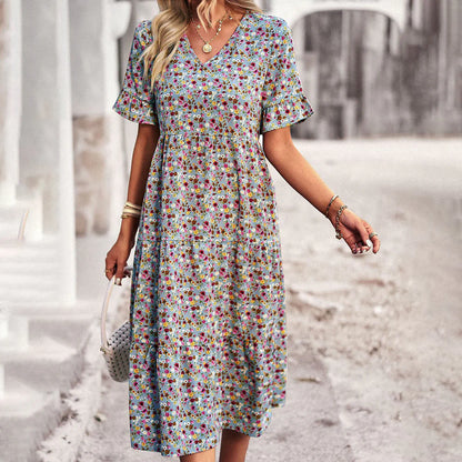 Oaklea Dress | Boho Floral Midi Dress with Ruffle Sleeves