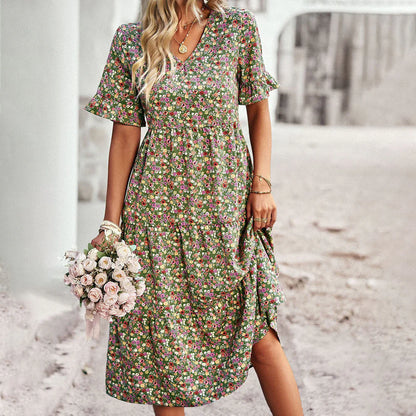 Oaklea Dress | Boho Floral Midi Dress with Ruffle Sleeves