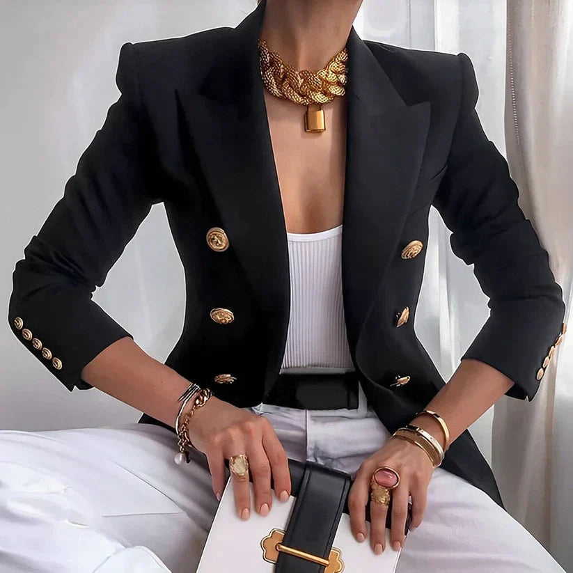 Sienna Tailored Double-Breasted Blazer | Gold Buttons Hip-Length Blazer