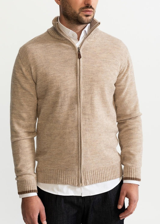 Oliver Cardigan | Long Beige Full-Zip Knitted Cardigan