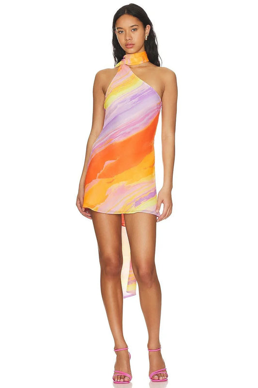 Oliviah Dress | Tropical Sunset One-Shoulder Mini Dress