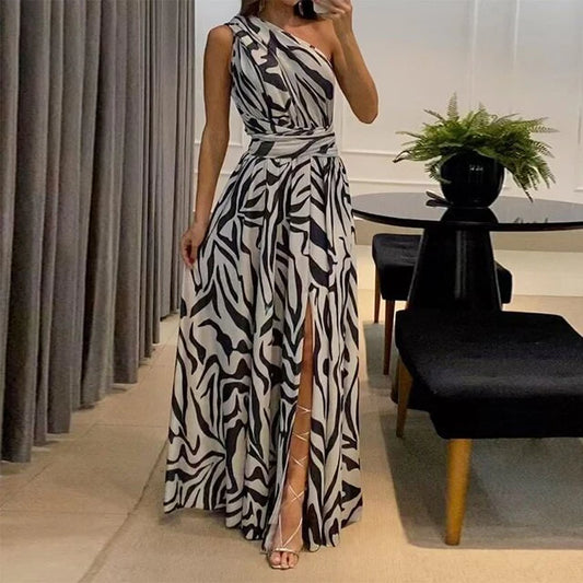 Olympe Dress | One-Shoulder Printed Chiffon Maxi Dress