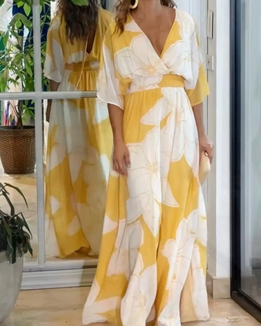 Omyra Dress | Floral Harmony Maxi Dress with V-Neck and Kimono Sleeves