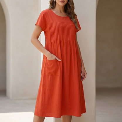 Sofia A-Line Dress | Pleated Patch Pockets Dress