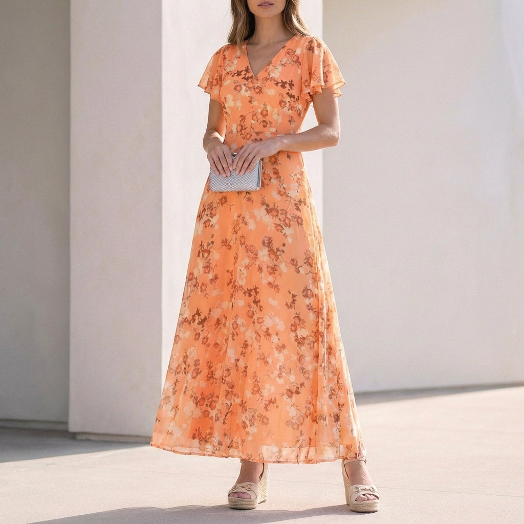 Isabella A-Line Maxi Dress | V-Neck Ruffled Dress
