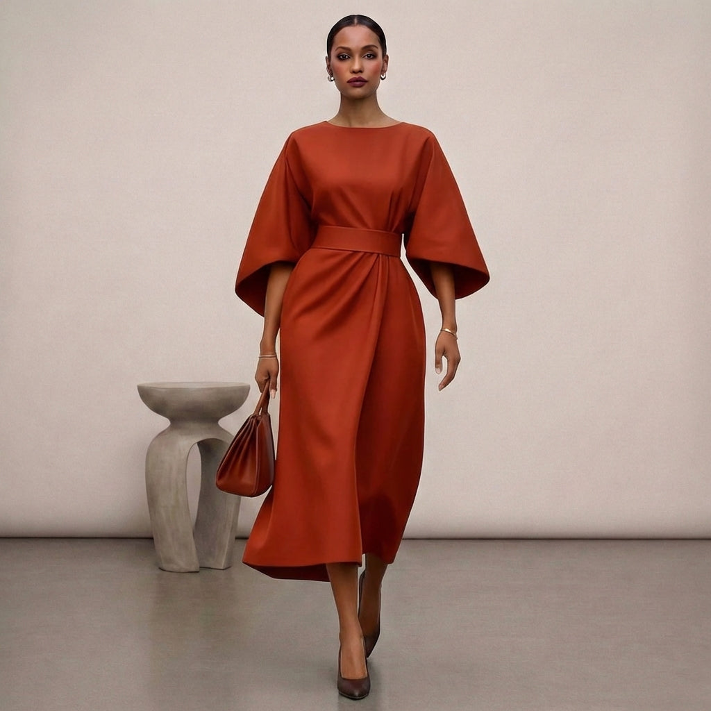 Isabella Relaxed Fit Dress | Round Neck Bat Sleeve Dress