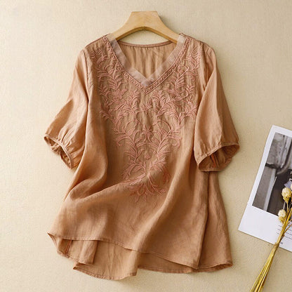 Isla Relaxed Fit Blouse | Embroidered V-Neck Three-Quarter Sleeve Blouse